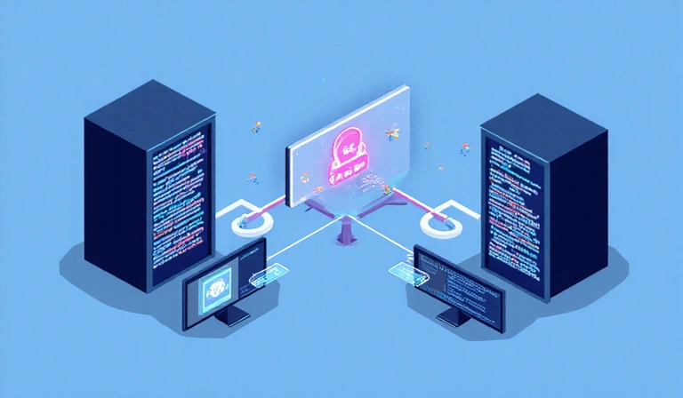 Ilustrace šifrovaného datového toku mezi serverem a klientem, symbolizující bezpečné sdílení dat.